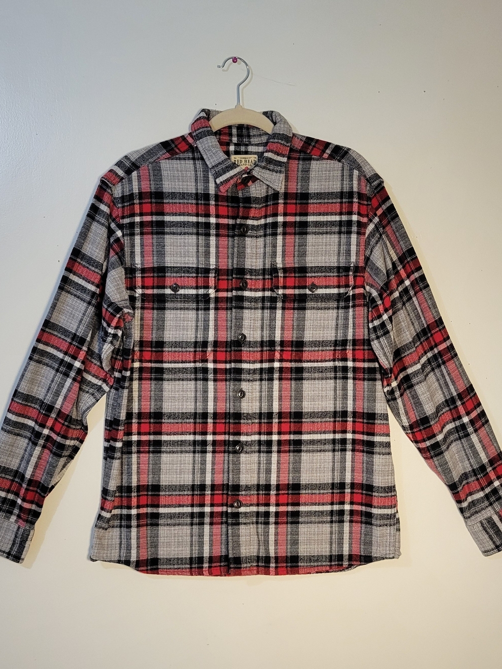 Red Head Men's M Plaid Cotton Flannel Button-Up Shirt - Black, White & Red